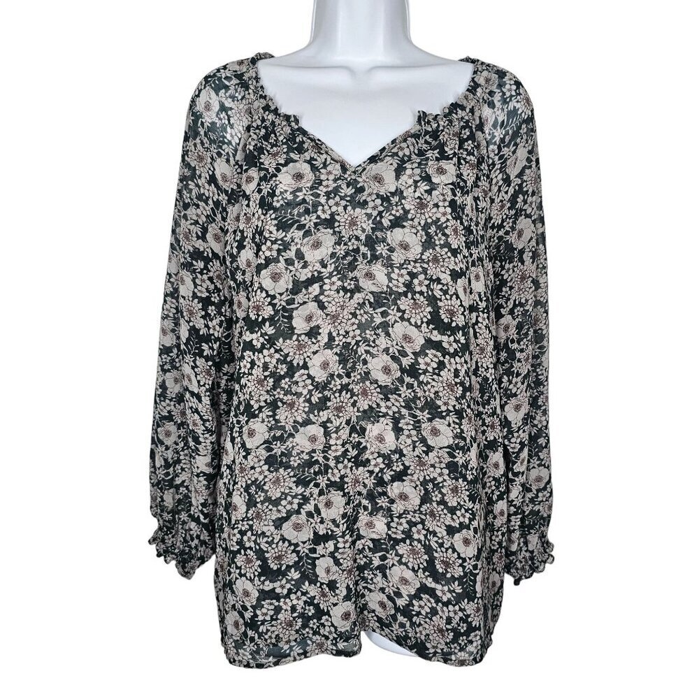 Cabi Floral Bianca Peasant Blouse Lined Long Sleeve‎ Split V-Neck Flowy Women M